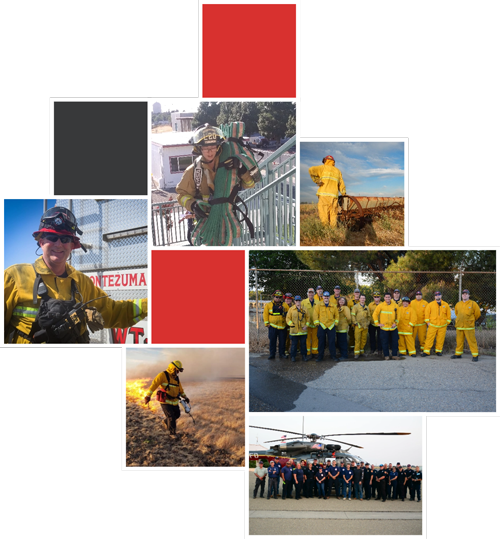 A combo graphic with red and black squares and firefighter photos in between